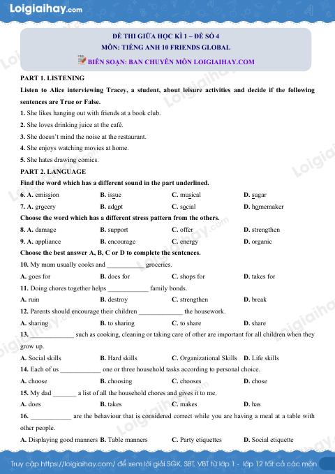Đề thi giữa kì 1 Tiếng Anh 10 Friends Global - Đề số 4